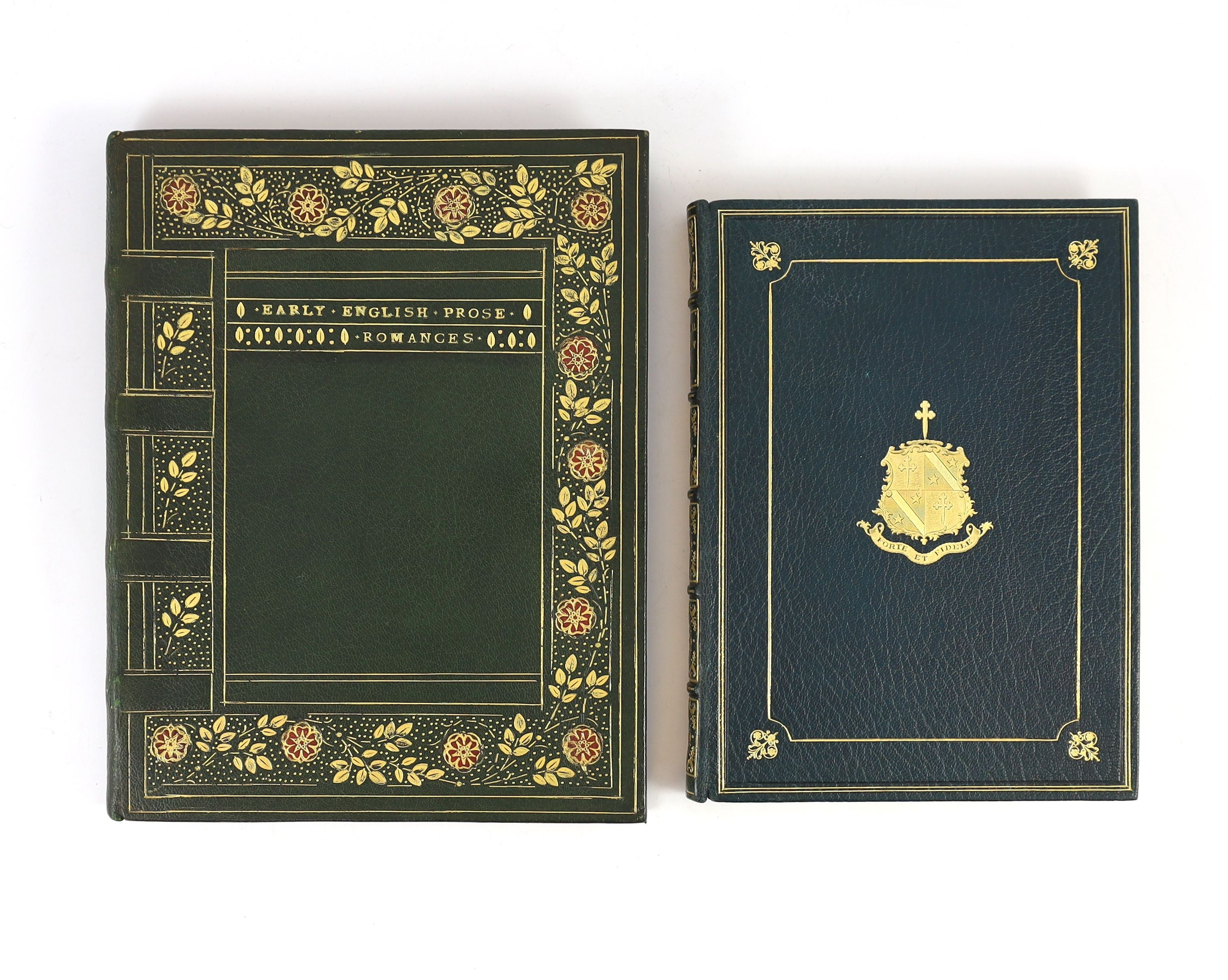 Fine bindings - 5 works - Thoms, William J (editor) - Early English Prose Romances, one of 500, 2 parts bound in 1, Robert the Deuyll and Robin Hood, illustrated by Harold Nelson, 4to, fine green morocco, with red and gi